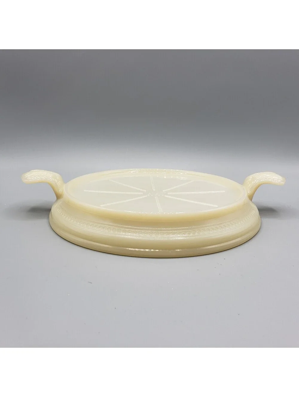 Vintage Fire King Custard Glass Trivet Hot Casserole Stand Ivory Handles 1950's